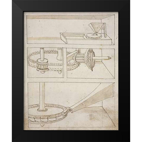 Mill with horizontal water wheel Black Modern Wood Framed Art Print by Martini, Francesco di