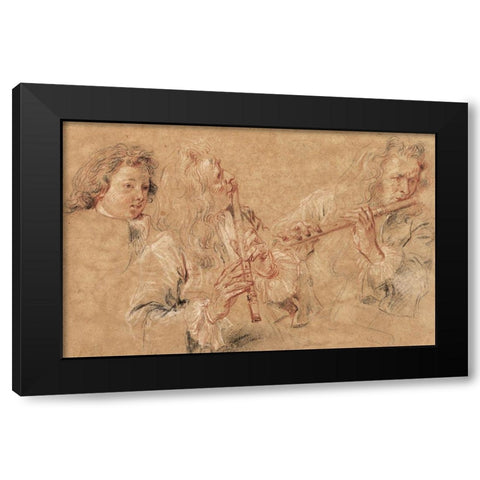 Two Studies of a Flutist and a Study of the Head of a Boy Black Modern Wood Framed Art Print by Watteau, Jean-Antoine