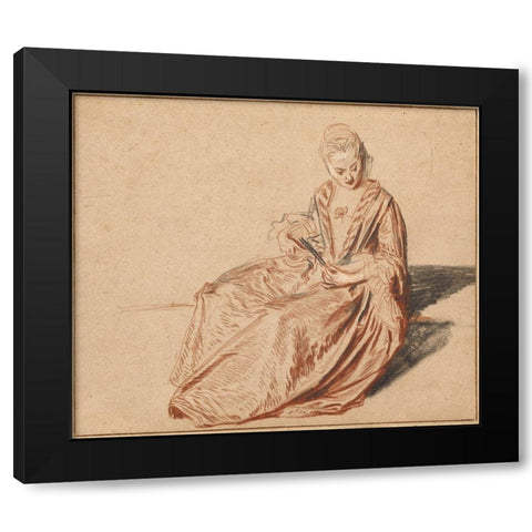 Seated Woman with a Fan Black Modern Wood Framed Art Print by Watteau, Jean-Antoine