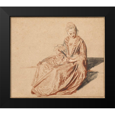Seated Woman with a Fan Black Modern Wood Framed Art Print by Watteau, Jean-Antoine