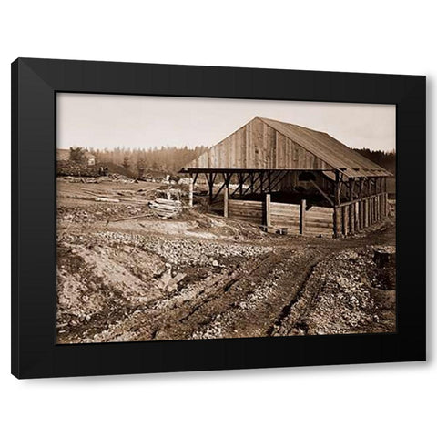Oswego Iron Works, Willamette River, Oregon, 1867 Black Modern Wood Framed Art Print with Double Matting by Watkins, Carleton