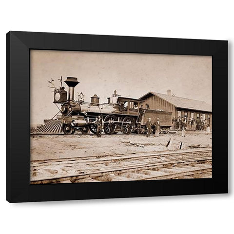 Wyoming Station, Engine 23 on Main Track, May 1868 Black Modern Wood Framed Art Print by Russell, A.J.