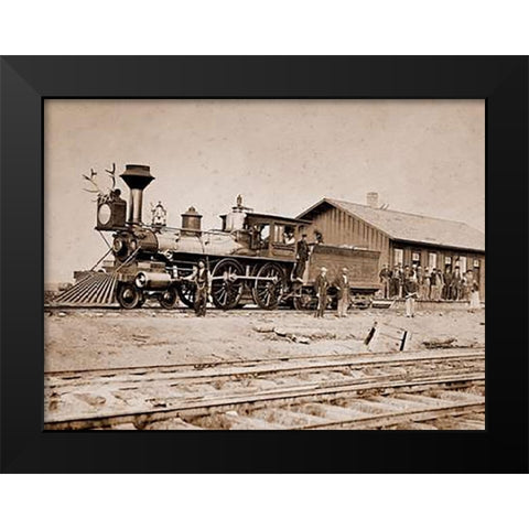 Wyoming Station, Engine 23 on Main Track, May 1868 Black Modern Wood Framed Art Print by Russell, A.J.