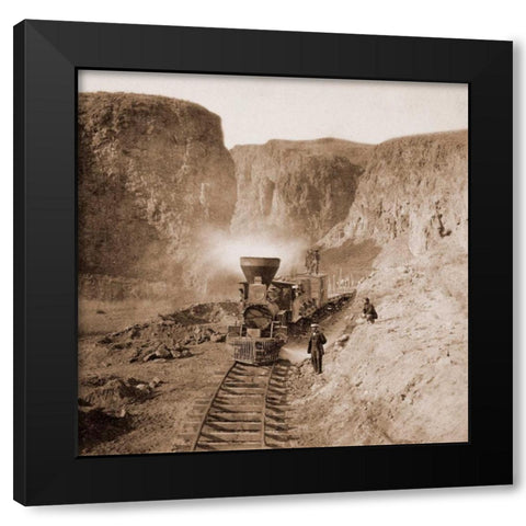 First Construction Train passing the Palisades, Ten Mile Canon, Nevada, 1866-1869 Black Modern Wood Framed Art Print with Double Matting by Hart, Alfred A.