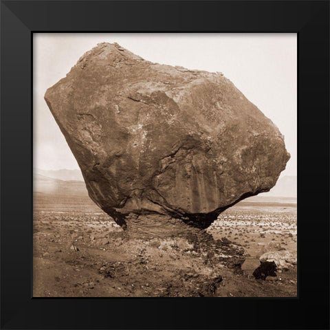 Perched Rock, Rocker Creek, Arizona, with sitting man, 1872 Black Modern Wood Framed Art Print by Bell, William H.