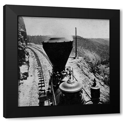 Rounding Cape Horn. Road to Iowa Hill from the river, in the distance. Black and white. Black Modern Wood Framed Art Print by Hart, Alfred A.