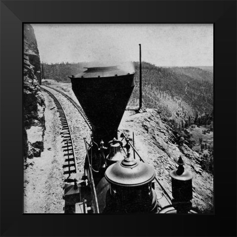 Rounding Cape Horn. Road to Iowa Hill from the river, in the distance. Black and white. Black Modern Wood Framed Art Print by Hart, Alfred A.