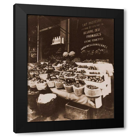 Rue Sainte-Opportune - Produce Display, rue Sainte-Opportune. Sepia Black Modern Wood Framed Art Print with Double Matting by Atget, Eugene