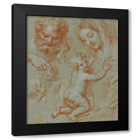 Studies of the Madonna and Child and of Heads (recto); Madonna and Child with Saint John Seated in a Black Modern Wood Framed Art Print with Double Matting by Corneille, Michel