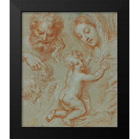 Studies of the Madonna and Child and of Heads (recto); Madonna and Child with Saint John Seated in a Black Modern Wood Framed Art Print by Corneille, Michel