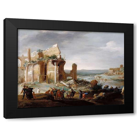 Moses and Aaron Changing the Rivers of Egypt to Blood Black Modern Wood Framed Art Print with Double Matting by Breenbergh, Bartholomeus