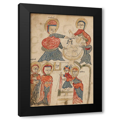 Bathing the Christ Child and The Presentation in the Temple Black Modern Wood Framed Art Print by Illuminator, Unknown 14th Century
