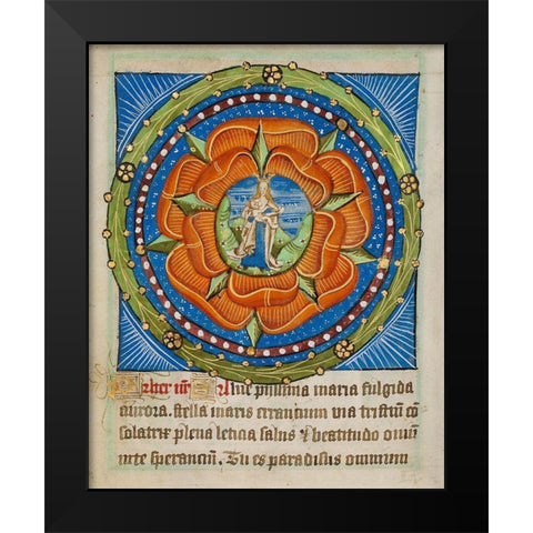 Decorated Text Page - Mary and Jesus in a Rose Black Modern Wood Framed Art Print by Illuminator, Unknown 12 Century