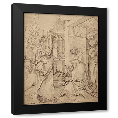 Museumist Taking Leave of His Mother Black Modern Wood Framed Art Print by Schaufelein, Hans