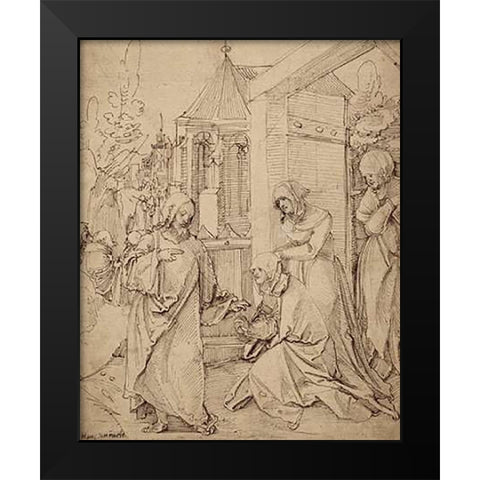 Museumist Taking Leave of His Mother Black Modern Wood Framed Art Print by Schaufelein, Hans