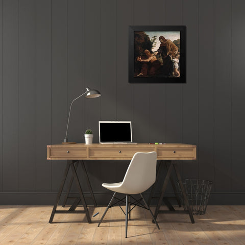 Elijah Receiving Bread from the Widow of Zarephath Black Modern Wood Framed Art Print by Lanfranco, Giovanni