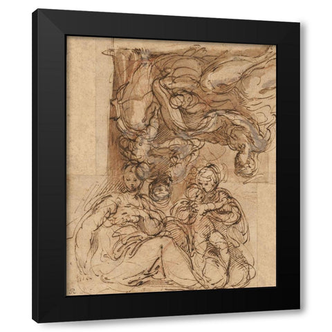 Two Studies for a Holy Family Black Modern Wood Framed Art Print with Double Matting by Parmigianino