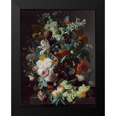 Still Life with Flowers and Fruit, c. 1715 Black Modern Wood Framed Art Print by Van Huysum, Jan