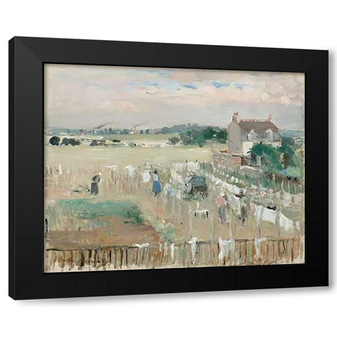 Hanging the Laundry out to Dry, 1875 Black Modern Wood Framed Art Print by Morisot, Berthe