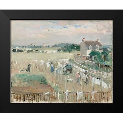 Hanging the Laundry out to Dry, 1875 Black Modern Wood Framed Art Print by Morisot, Berthe