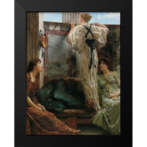 Who Is It?, 1863 Black Modern Wood Framed Art Print by Alma-Tadema, Sir Lawrence