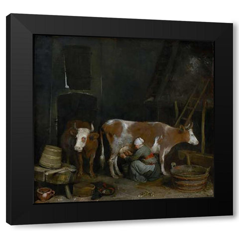 A Maid Milking a Cow in a Barn Black Modern Wood Framed Art Print by Ter Borch, Gerard