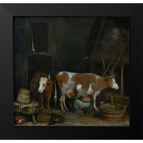 A Maid Milking a Cow in a Barn Black Modern Wood Framed Art Print by Ter Borch, Gerard