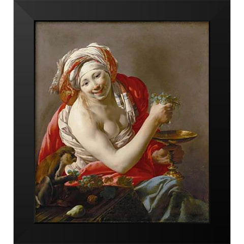 Bacchante with an Ape Black Modern Wood Framed Art Print by Ter Brugghen, Hendrick