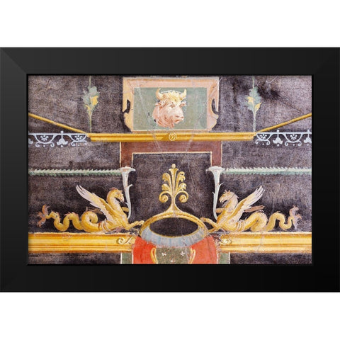Wall Fragment with Bulls Head and Winged Sea Monsters on Black Ground Black Modern Wood Framed Art Print by Artisan, Unknown 1st Century Roman