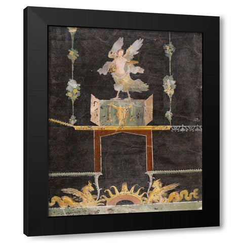 Wall fragment with Siren, Sea Monsters and Niche on Black Ground Black Modern Wood Framed Art Print with Double Matting by Artisan, Unknown 1st Century Roman