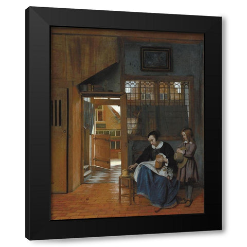 A Woman Preparing Bread and Butter for a Boy Black Modern Wood Framed Art Print with Double Matting by de Hooch, Pieter