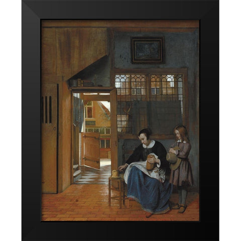 A Woman Preparing Bread and Butter for a Boy Black Modern Wood Framed Art Print by de Hooch, Pieter