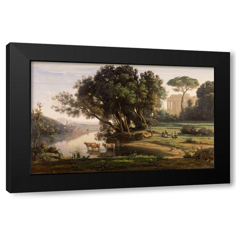 Italian Landscape (Soleil Levant) Black Modern Wood Framed Art Print with Double Matting by Corot, Jean-Baptiste-Camille