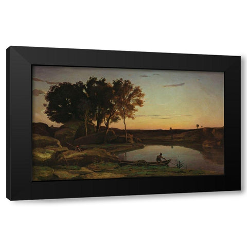 Landscape with Lake and Boatman Black Modern Wood Framed Art Print with Double Matting by Corot, Jean-Baptiste-Camille