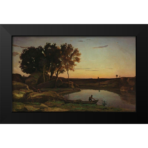 Landscape with Lake and Boatman Black Modern Wood Framed Art Print by Corot, Jean-Baptiste-Camille