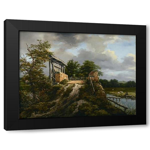 Bridge with a Sluice Black Modern Wood Framed Art Print with Double Matting by Van Ruisdael, Jacob