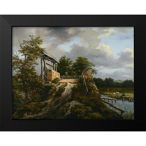 Bridge with a Sluice Black Modern Wood Framed Art Print by Van Ruisdael, Jacob