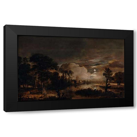 Moonlit Landscape with a View of the New Amstel River and Castle Kostverloren Black Modern Wood Framed Art Print with Double Matting by Van Der Neer, Aert