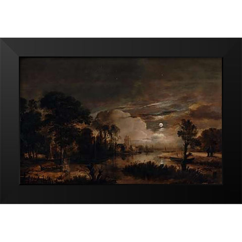 Moonlit Landscape with a View of the New Amstel River and Castle Kostverloren Black Modern Wood Framed Art Print by Van Der Neer, Aert
