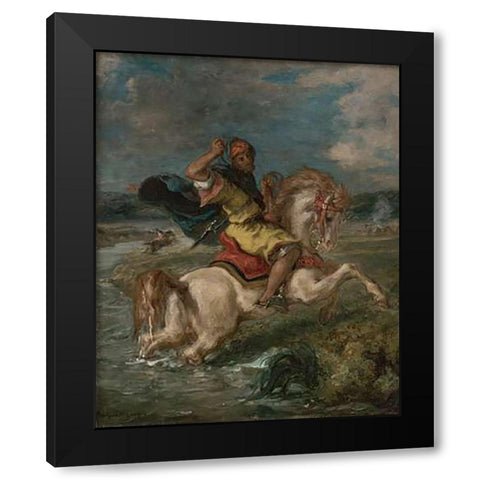 Moroccan Horseman Crossing a Ford Black Modern Wood Framed Art Print with Double Matting by Delacroix, Eugene