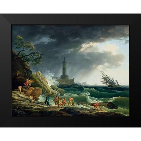 A Storm on a Mediterranean Coast Black Modern Wood Framed Art Print by Vernet, Claude-Joseph