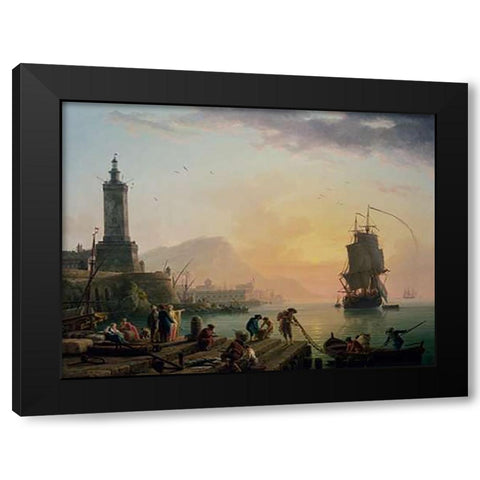 A Calm at a Mediterranean Port Black Modern Wood Framed Art Print with Double Matting by Vernet, Claude-Joseph
