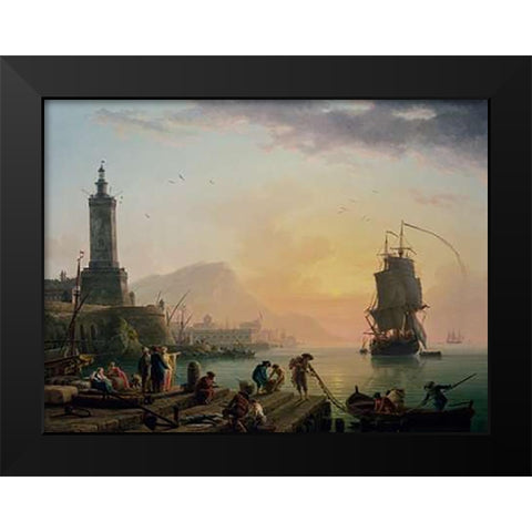 A Calm at a Mediterranean Port Black Modern Wood Framed Art Print by Vernet, Claude-Joseph