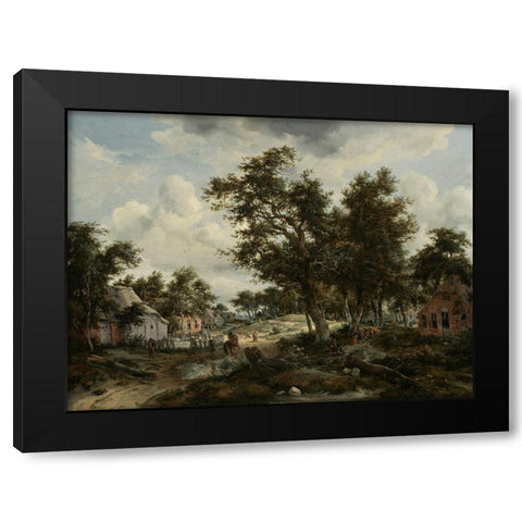 A Wooded Landscape with Travelers on a Path through a Hamlet Black Modern Wood Framed Art Print with Double Matting by Hobbema, Meindert