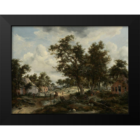 A Wooded Landscape with Travelers on a Path through a Hamlet Black Modern Wood Framed Art Print by Hobbema, Meindert