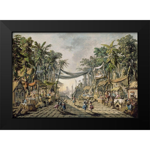 Market Scene in an Imaginary Oriental Port Black Modern Wood Framed Art Print by Pillement, Jean-Baptiste
