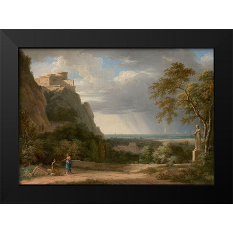 Classical Landscape with Figures and Sculpture Black Modern Wood Framed Art Print by de Valenciennes, Pierre-Henri