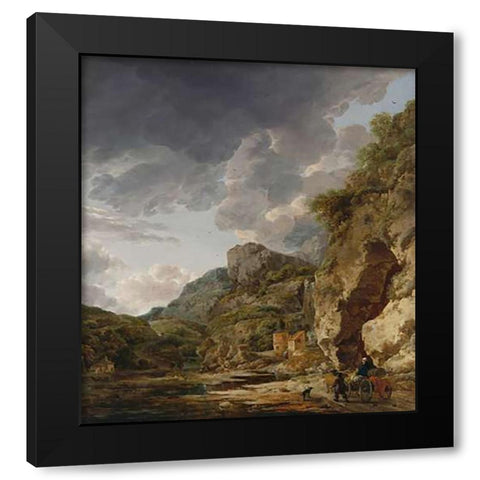 Mountain Landscape with River and Wagon Black Modern Wood Framed Art Print with Double Matting by Nauwincx, Herman and Schellinks, Willem