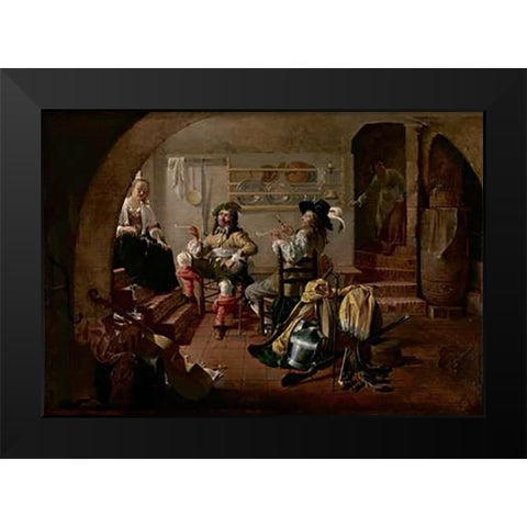 Interior with Soldiers and Women Black Modern Wood Framed Art Print by Duck, Jacob