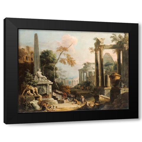 Landscape with Classical Ruins and Figures Black Modern Wood Framed Art Print by Ricci, Marco